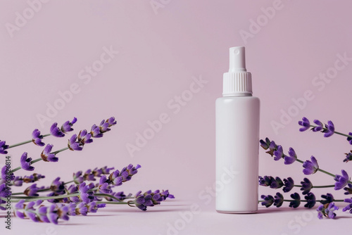 Minimalist skincare bottle against a soothing lavender isolated solid background, promoting relaxation and care,