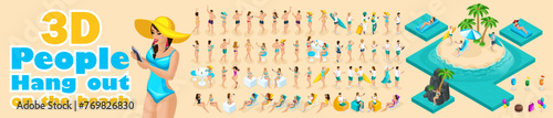 Large set of isometric, 3D people on vacation, girls in swimsuits, pool party, sun, beach, sea, location. For vector illustration