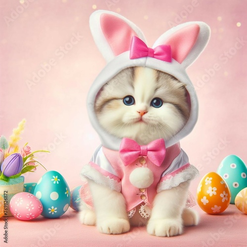 Cute Easter Cat Dressed Up as Easter Bunny, Isolated on Easter Background