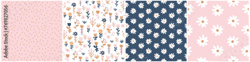 Infantile Floral Irregular Seamless Patterns with Hand Drawn Flowers on a Pastel Pink, White and Dark Blue Background. Trendy Infantile Style Abstract Garden Print. White Spots on a Light Pink. 