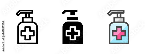 Multipurpose hand sanitizer vector icon in outline, glyph, filled outline style. Three icon style variants in one pack. photo