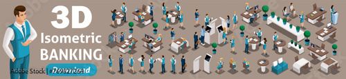Large set of isometric, 3D bank employees in the banks office serve customers. Issuance of loans, deposits, investments