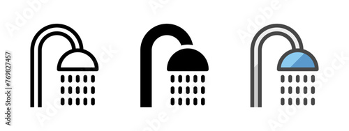 Multipurpose shower vector icon in outline, glyph, filled outline style. Three icon style variants in one pack.