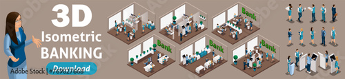 Large set of isometric, 3D bank employees in the banks office serve customers. Issuance of loans, deposits, investments. Banking cabinets