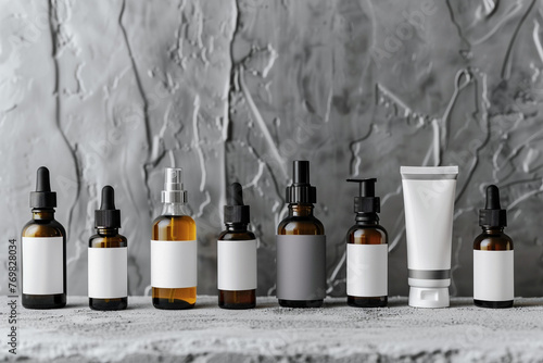 Elegant skincare bottles arranged in a row on a chic, textured surface, showcasing their uniformity and design, photo