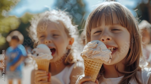 Cute children eating cold ice cream in the park.