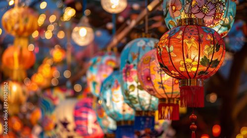 A captivating display of vibrant Chinese lanterns fills the frame with their intricate designs and warm light, embodying the joyous spirit of cultural celebrations