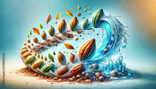 Creative illustration of the abstract concept, the magical process where cacao pods metamorphose into water droplets, symbolizing the purity and essence of cacao water. Concept hydration, antioxidant
