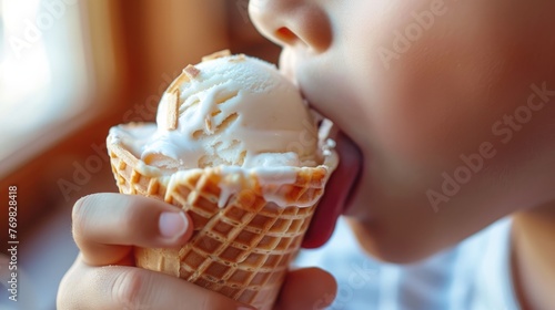 Close up of child boy eating ice cream. Summer time concept.