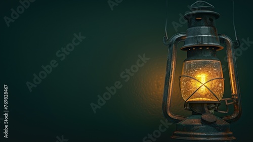 An old-fashioned, lit lantern against a dark, textured background with space for text on the left.