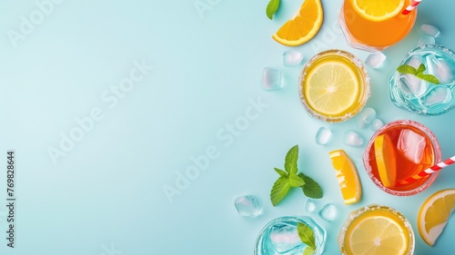 Assorted cold beverages with citrus fruits, mint, and ice on a blue background.