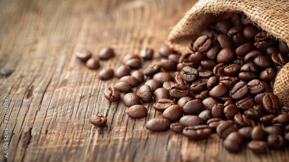 A burlap sack overflowing with dark roasted coffee beans on a rustic wooden surface. A burlap sack overflowing with dark roasted coffee beans on a rustic wooden surface.