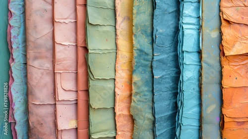 Colorful stacked fabrics with a wrinkled texture.