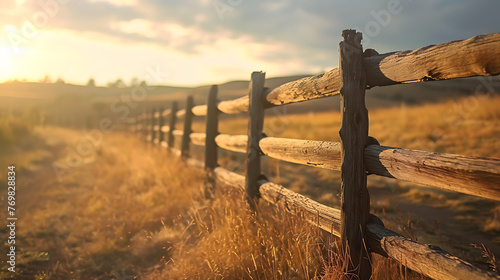 Rustic ranch fence at sunset. Copy Space.