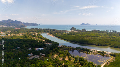 Drone aerial view of the port in Aonang in Thailand