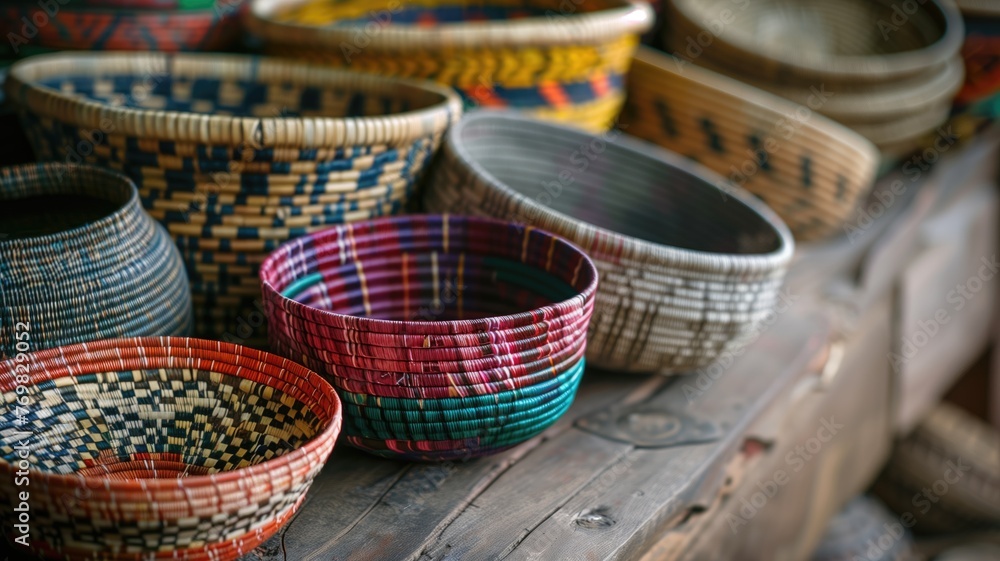 Colorful woven baskets on display, featuring intricate patterns and various sizes. Colorful woven baskets on display, featuring intricate patterns and various sizes.