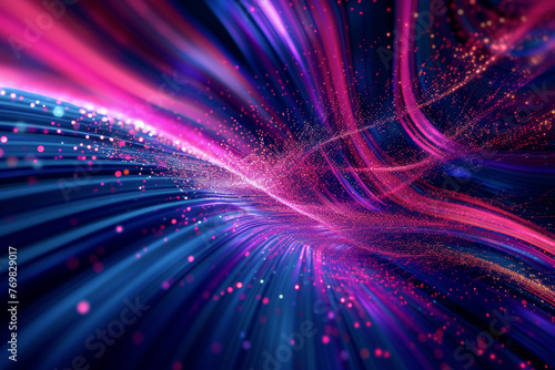 Vivid streams of blue and magenta light particles surge forward, converging into a radiant point with sense of infinite depth and energy, data streaming, network connectivity