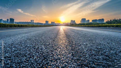 Empty asphalt road and modern city skyline with building scenery at sunset. high angle view - generative ai