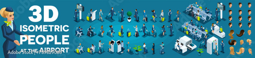 Large set of isometric, 3D people at the airport, businessmen with suitcases, vacationers and travelers with bags for flights. Set emotions