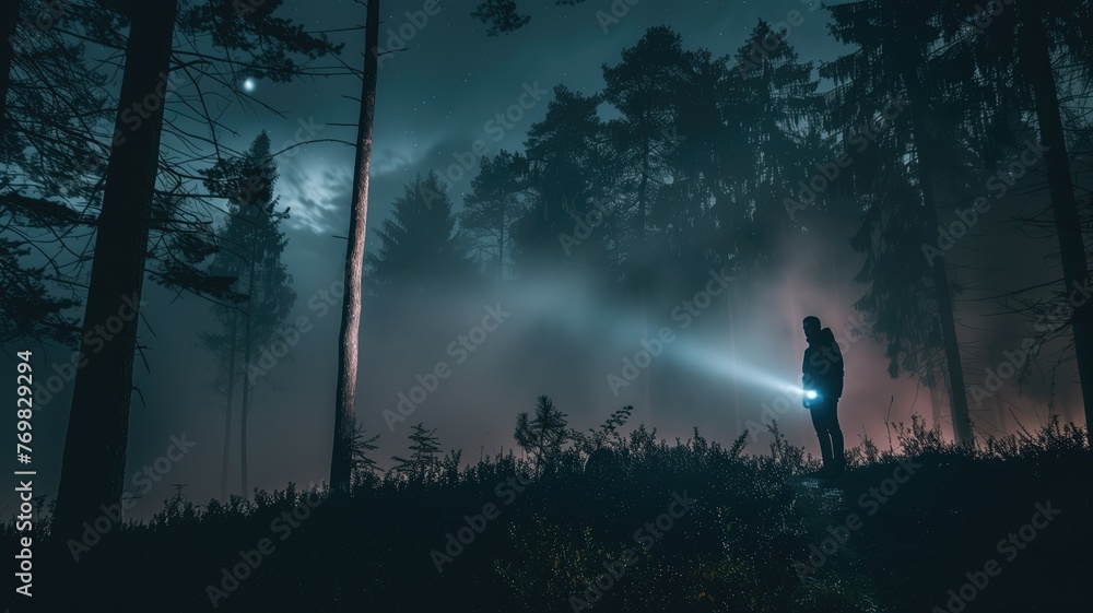Obraz premium Lone person with a flashlight in misty forest at night under moonlit sky.