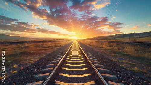 Railway tracks stretching into a sunset with dramatic sky and open fields on both sides.