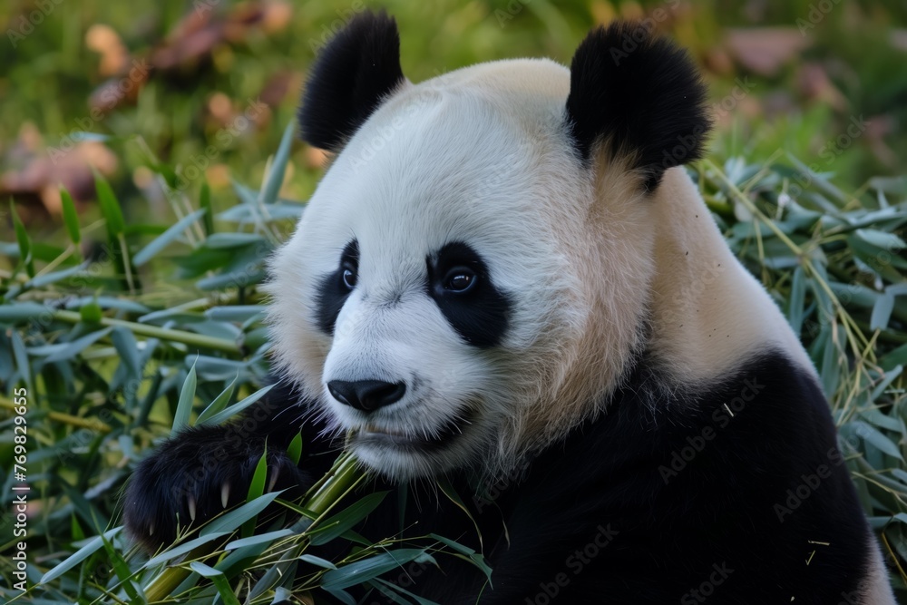 Fototapeta premium panda munching bamboo, dusk light softening edges