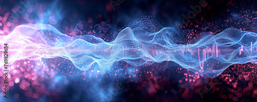 Vibrant digital wave of blue and pink particles  simulating an abstract audio waveform in dynamic and flowing motion. Ideal for representing digital technology  sound engineering