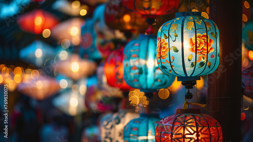 Bold blue and red lanterns stand out against a deep twilight, symbolizing joy and festivity