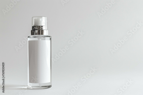 Sleek and glossy skincare product bottle against a pearl white isolated solid background, symbolizing purity and elegance,