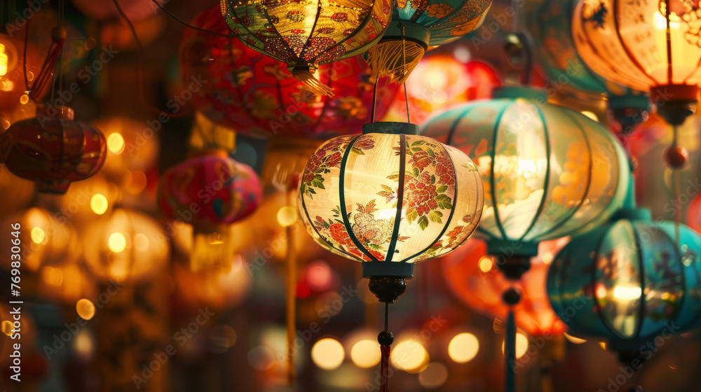Colorful Chinese lanterns light up, creating a warm, festive atmosphere during nighttime celebrations Colorful Chinese lanterns light up, creating a warm, festive atmosphere during nighttime celebrations