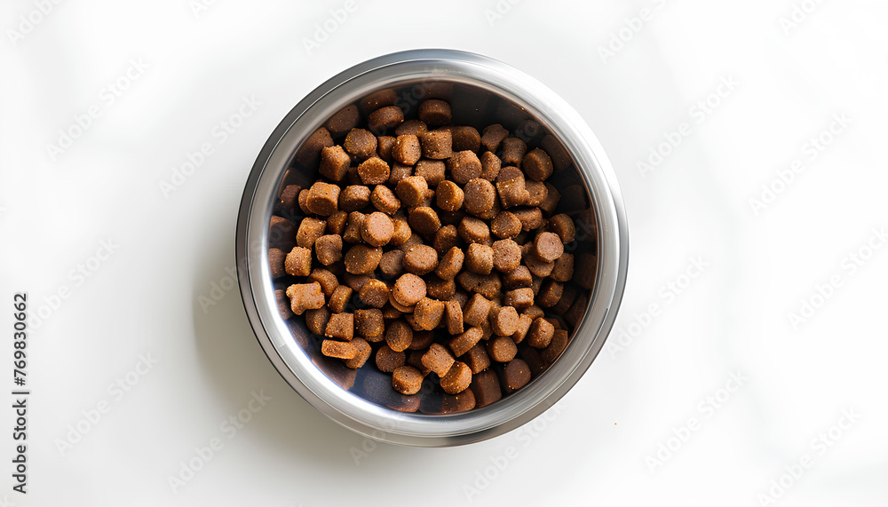 Metal animal bowl with dry feed. Isolated on white. Top view Metal animal bowl with dry feed. Isolated on white. Top view