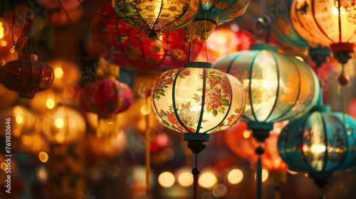 Colorful Chinese lanterns light up  creating a warm  festive atmosphere during nighttime celebrations