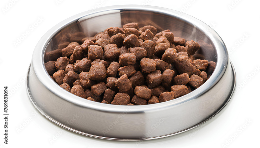 Metal animal bowl with dry feed. Isolated on white. Top view Metal animal bowl with dry feed. Isolated on white. Top view