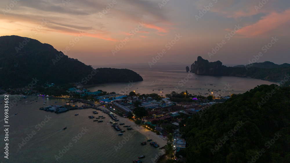 Drone Aerial View from Koh Phi Phi in Thailand at sunset