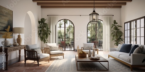 A picturesque Mediterranean Revival architecture leading into a modern living room sanctuary, featuring Spanish tile floors, wrought iron fixtures, and comfortable seating. © Naseem