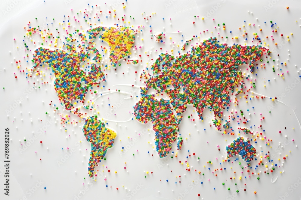 Fototapeta premium sprinkles forming world map on white icing background