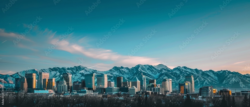 A panoramic photo of the Salt Lake City skyline with mountains in the background The sky is a beautiful clear blue Golden hour lighting Generative AI