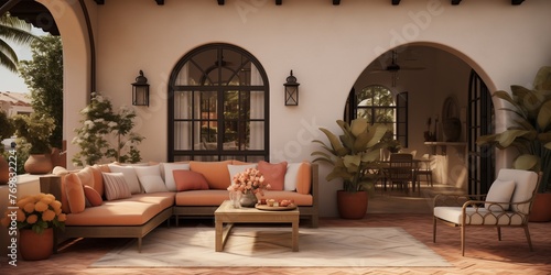 A picturesque Mediterranean Revival exterior transitioning into a modern living room interior, featuring terracotta tiles, wrought iron accents, and cozy furnishings.
