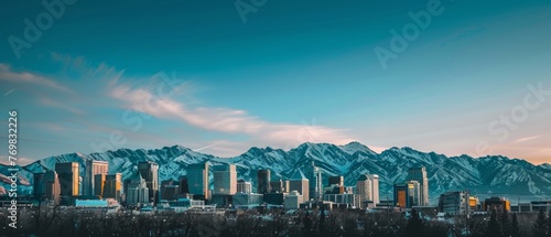 A panoramic photo of the Salt Lake City skyline with mountains in the background The sky is a beautiful clear blue Golden hour lighting Generative AI