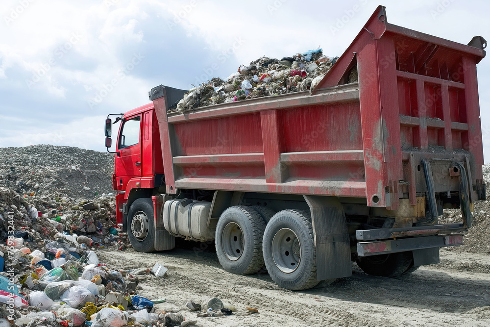 Truck dumps garbage into large pile for recycling AI Generative