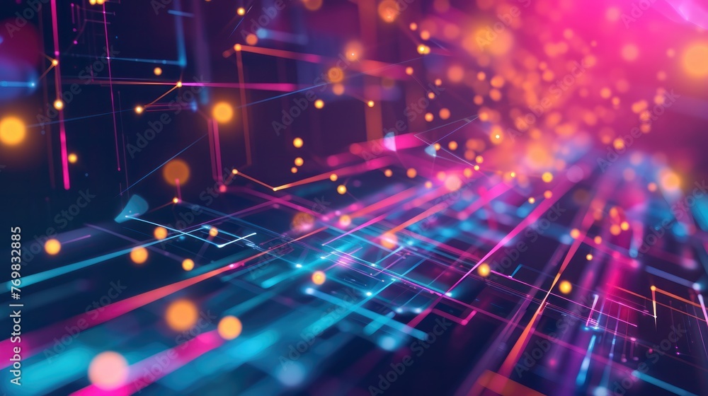 Obraz premium Abstract high-tech background for presentations and websites. Big data background with glowing dynamic lines, binary code. Futuristic neon stripes.