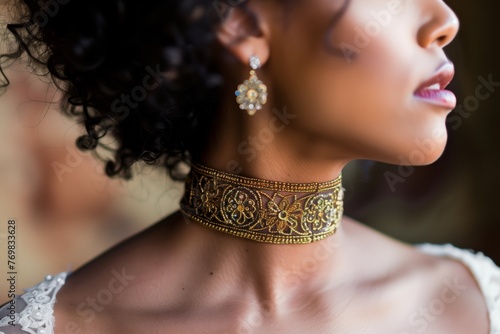 overtheshoulder shot of bride with ornate gold choker photo