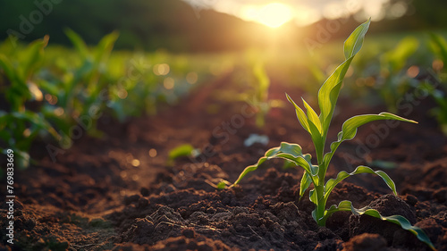 Young Corn Seedling at Sunrise