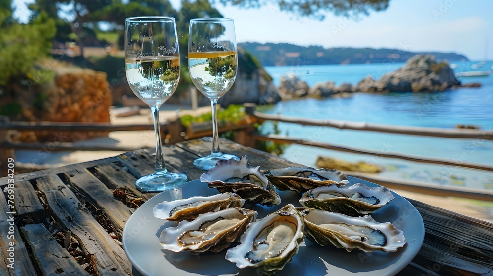 Romantic Seafront Dining Setting with Fresh Oysters and White Wine. Perfect for Date Nights and Gourmet Experiences by the Seaside. Capture the Essence of Luxury Travel. AI Romantic Seafront Dining Setting with Fresh Oysters and White Wine. Perfect for Date Nights and Gourmet Experiences by the Seaside. Capture the Essence of Luxury Travel. AI