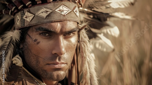 19th Century Native Americans: Middle-Aged American Indian with feathers on his head, facial tattoos, and an evaluative look, very close-up, portrait shot, blurred background photo