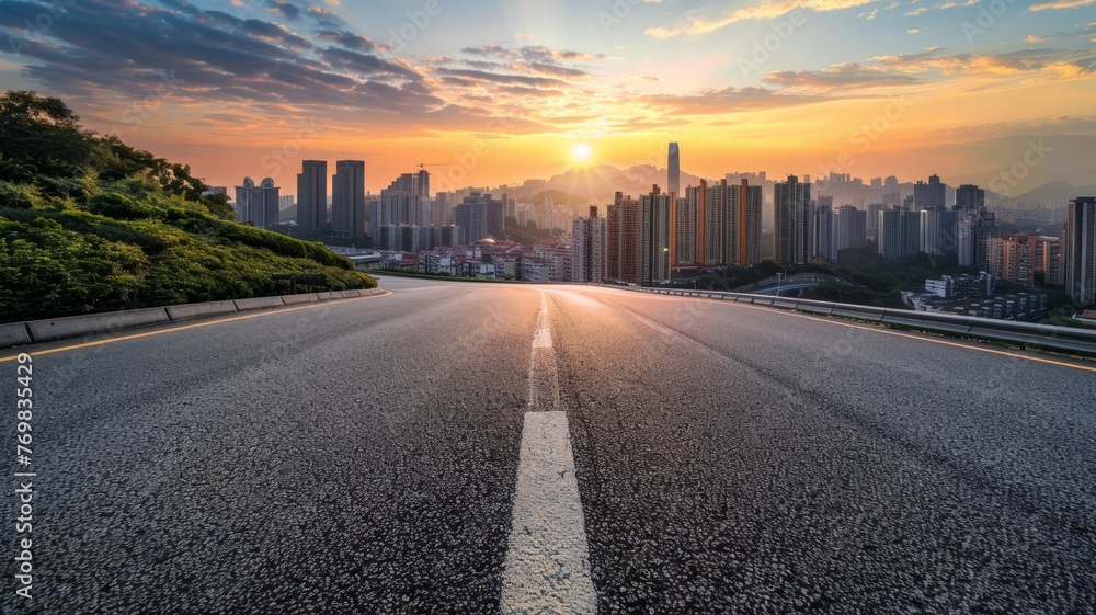 Empty asphalt road and modern city skyline with building scenery at sunset. high angle view - generative ai Empty asphalt road and modern city skyline with building scenery at sunset. high angle view - generative ai