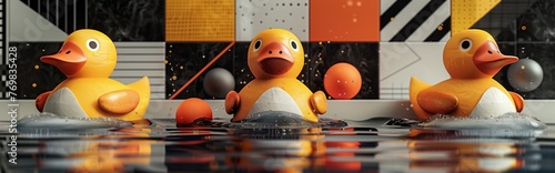 Rubber ducks in stylish bathroom setting: three rubber toy ducks floating on water in a modern bathroom with a creative design photo
