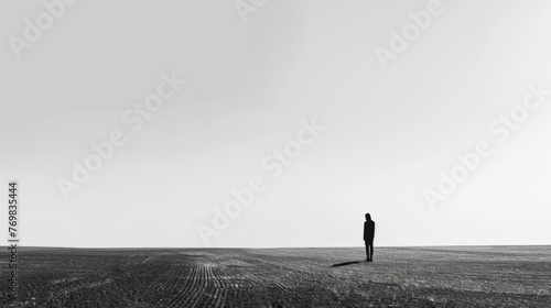 A minimalist and simple photograph capturing a solitary figure in a desolate, monochrome land