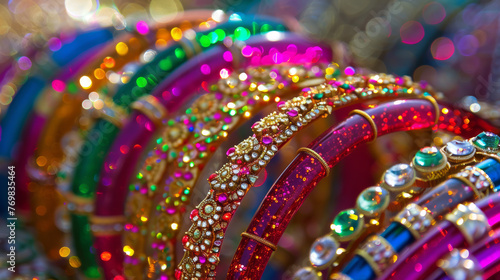 The shimmering and brightly lit stack of Indian bangles exudes a festive and joyous vibe
