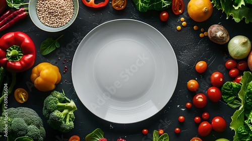 Healthy eating concept with fresh vegetables around a white plate on dark background. Ideal for diet and nutrition topics. Vibrant colors, top view. AI
